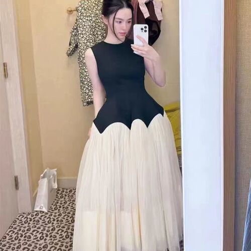 Elegant Mesh Patchwork Dress For Women Color Block Vintage