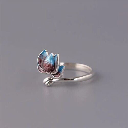 Vintage Silver Plated Blue Lotus Flower Rings For Men Women