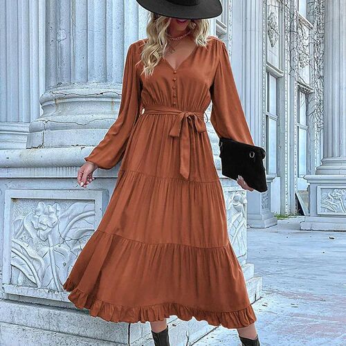 2024 Women Casual Long Sleeve v Neck Fall Dress Bohemian