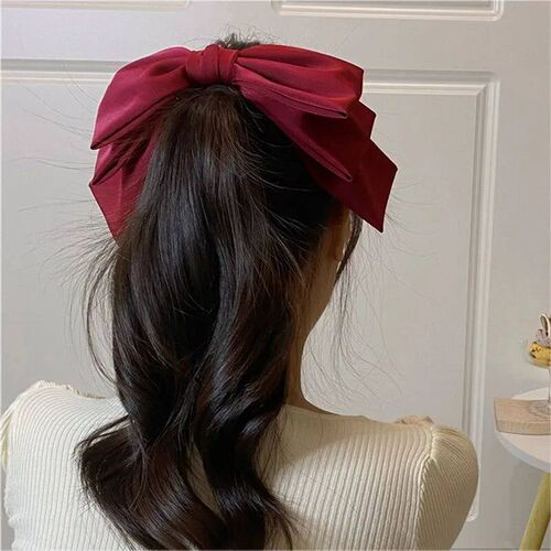 New Big Satin Hair Clip Hair Bows Girl Women Solid Pink Blac
