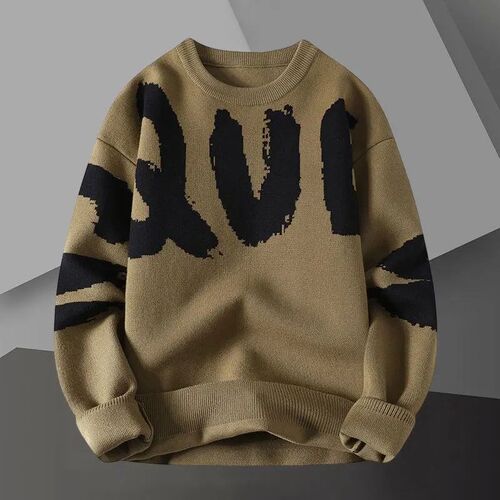 Letter Contrast Printing Sweater Pullover Crew Neck Men Swet
