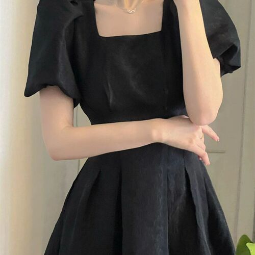 Vintage Dress Women Summer Square Collar Puff Sleeve High
