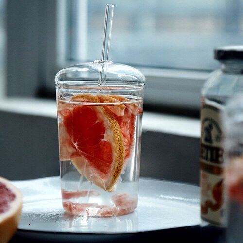 Transparent glass straw cup with lid coffee beverage cup