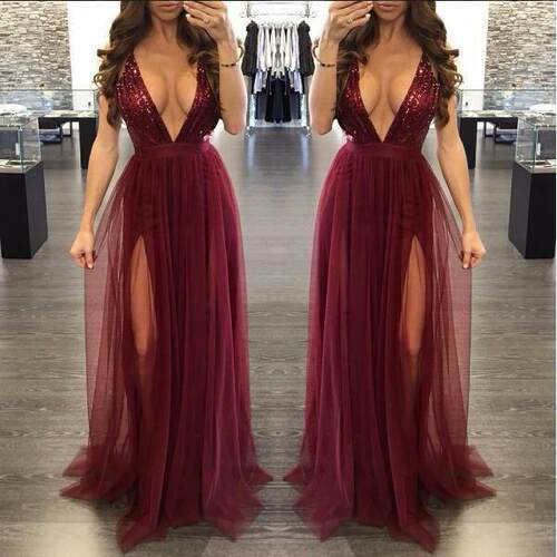 Womens Deep V Neck Sleeveless Elegant Formal Prom Long