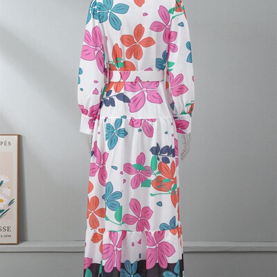 Elegant Pattern Print Long Sleeve Party Dress Spring Stand