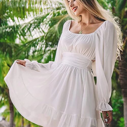 Women Sexy Backless Mini Dress Tie Back Long Sleeve Square