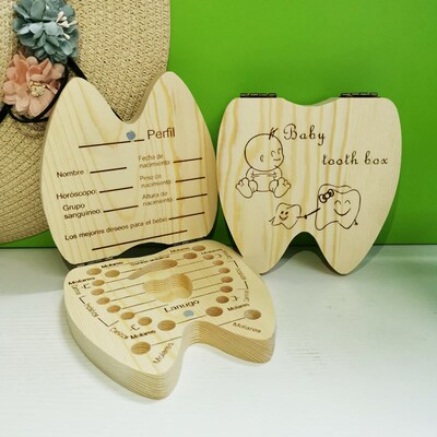 English/Spanish Wooden Baby Tooth Box Organizer Milk Teeth S