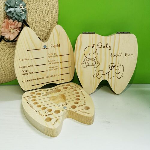 English/Spanish Wooden Baby Tooth Box Organizer Milk Teeth S