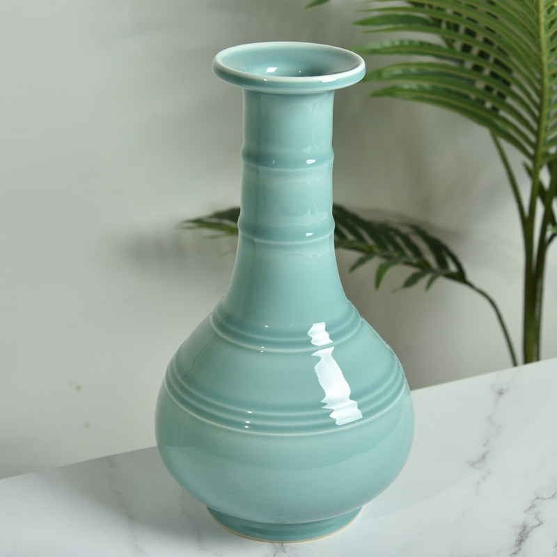 龙泉青瓷盘口弦纹竹节瓶大号仿古陶瓷花瓶创意艺术摆件弟窑七弦瓶