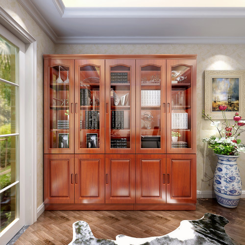 现代中式实木书柜组合三门二门全香樟木书柜书橱带门书架带玻璃门
