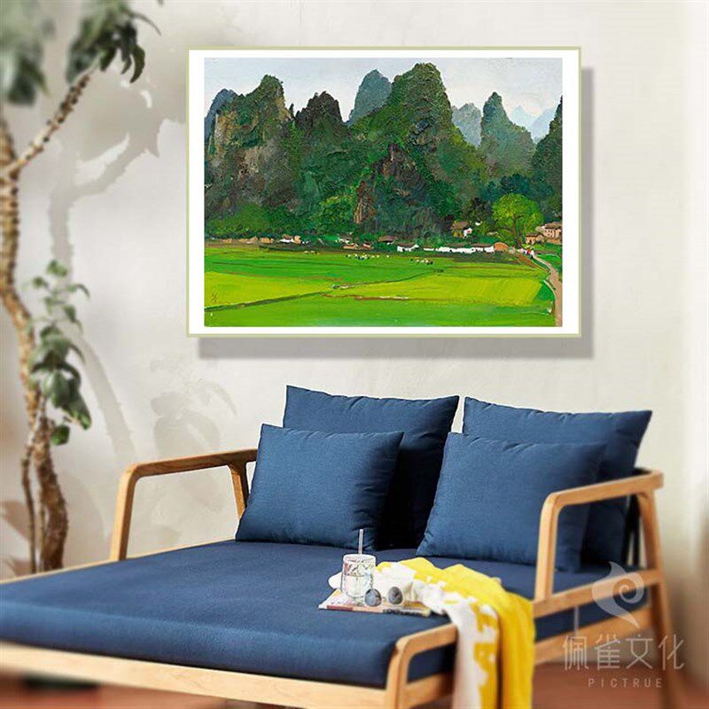 山水装饰挂画客厅玄关办公抽象风背景墙吴冠中桂林山村有框油画布