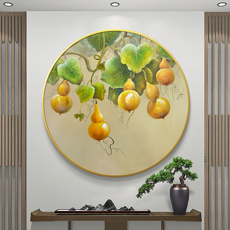 五福临门圆形装饰画玄关挂画葫芦美G式客厅餐厅饭厅挂画手绘油画