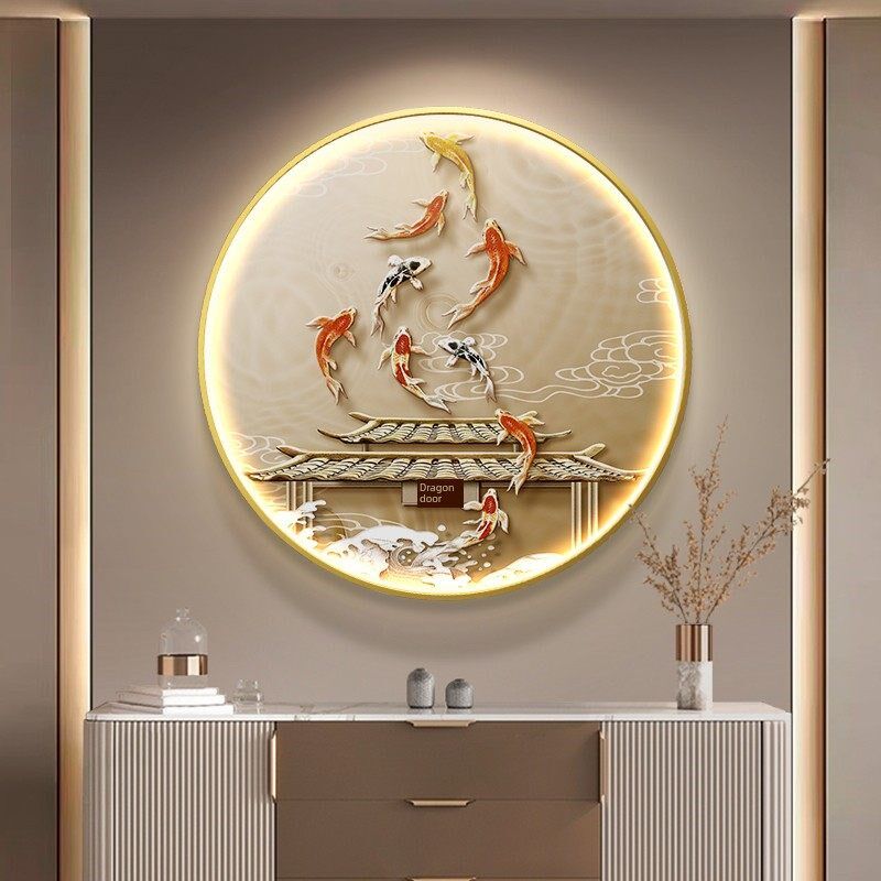 鲤鱼跳龙门入口装饰画无障碍豪华高端九鱼画客厅挂画入口门圆形壁