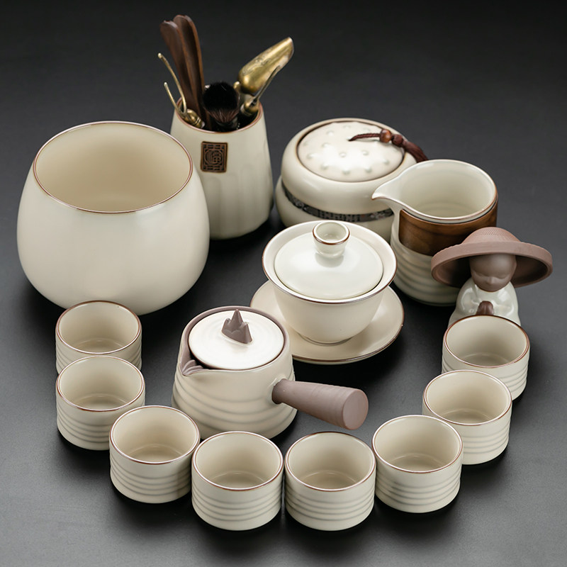 米色汝窑功夫茶具套装家用客厅防烫侧把泡茶壶盖碗茶杯喝茶一整套
