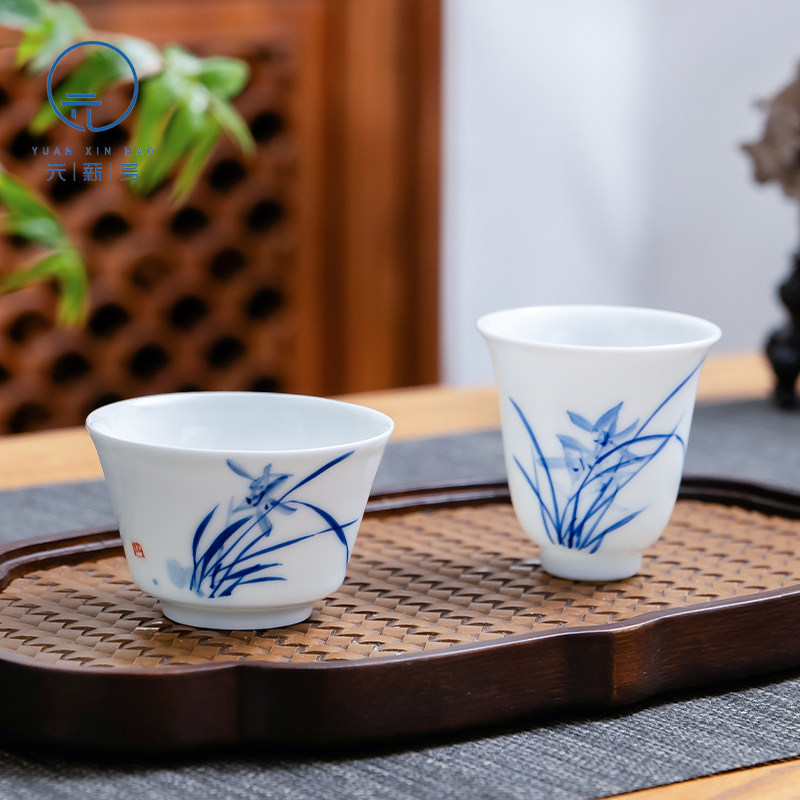 诚德轩元薪号手绘主人杯单杯中式马蹄杯兰花喝茶杯茶具陶瓷闻香杯