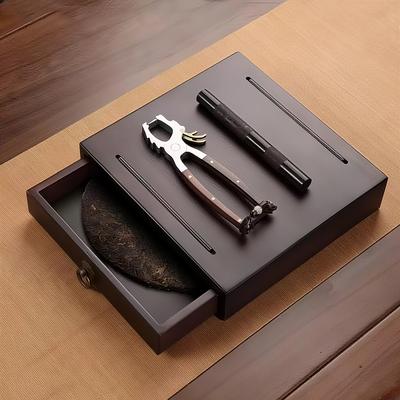 普洱茶饼防潮一双层收纳盒不锈钢茶钳实木分茶盘茶针开茶器分茶盒