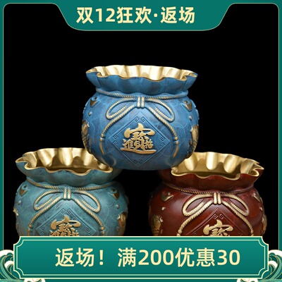黄铜招财进宝福袋摆件压铸彩绘聚宝盆钱袋开业乔迁礼品客厅装饰品