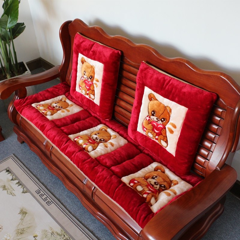 冬季毛绒实木沙发座垫单三人座组合中式老式木质长椅坐垫红色加厚