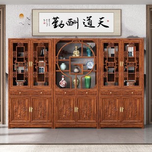 中式 三组合榆木展示柜玻璃书房办公室用古 实木带门书柜书架新款