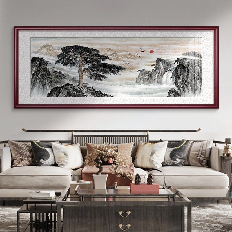 迎客松挂画客厅装饰画国画山水画办公室靠山图茶室沙发背景墙壁画