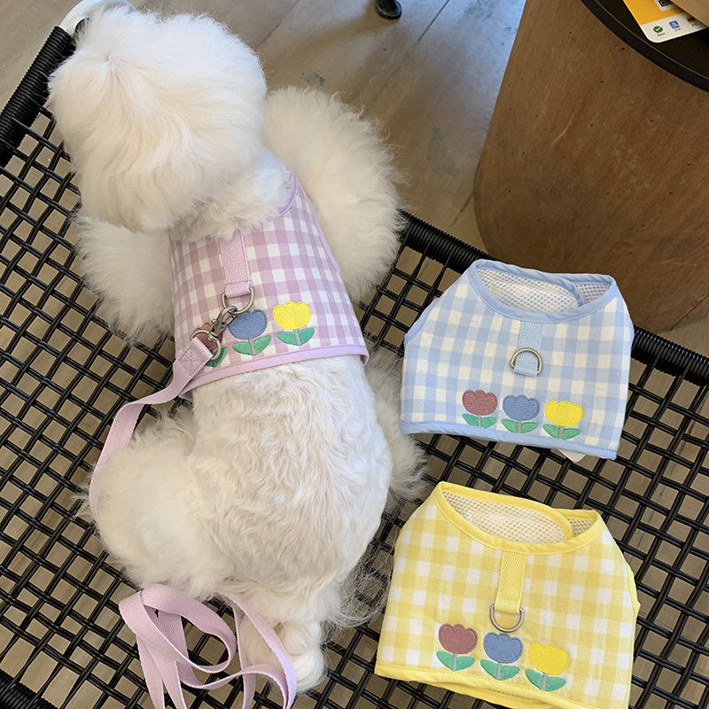 狗狗牵引绳背心式刺绣胸背带中小型犬比熊泰迪博美雪纳瑞遛狗绳子