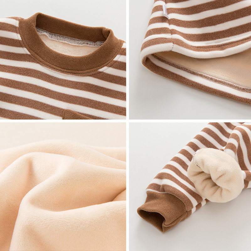 儿童保暖内衣套装加绒冬季宝宝纯棉条纹秋衣加厚男童中领打底男孩