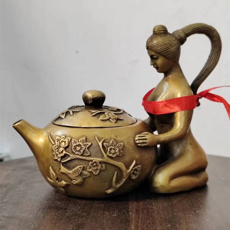 黄铜酒壶美女壶纯铜茶壶水壶客厅家居装饰品礼品古玩收藏摆件送礼