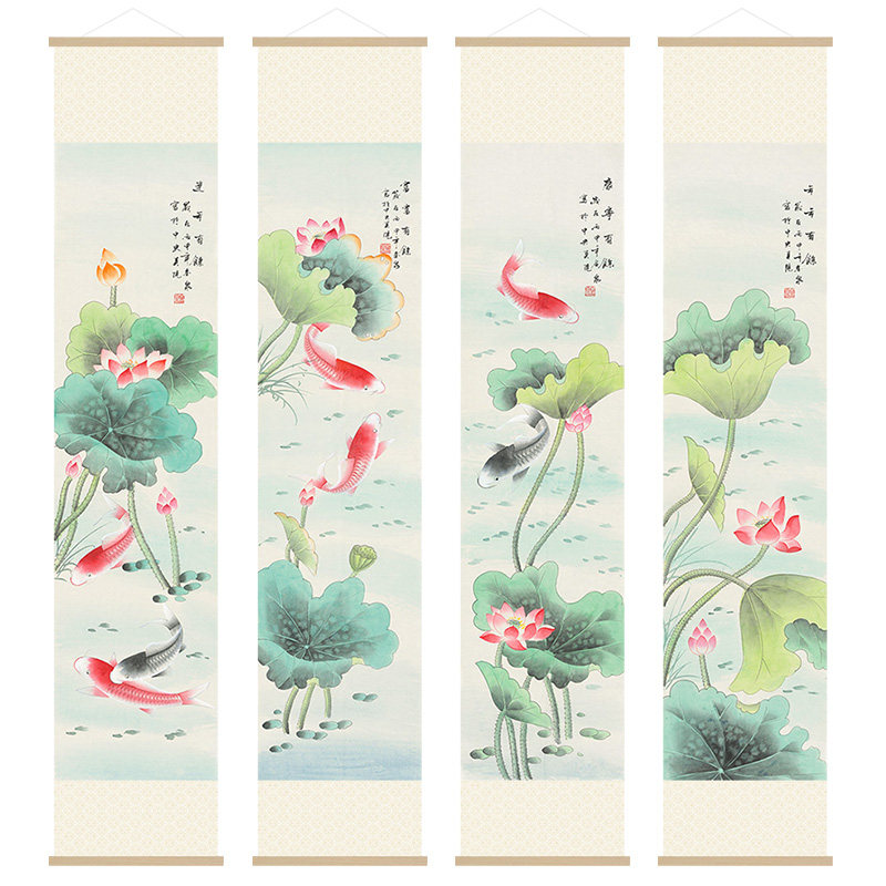 连年有余新中式挂轴画餐厅书房装饰画竖版客厅走廊过道墙壁画荷花