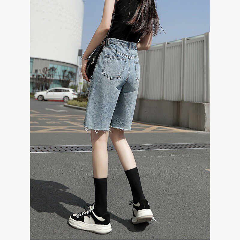 牛仔短裤女2024新款夏季薄款五分中裤高腰毛边破洞宽松阔腿直筒裤
