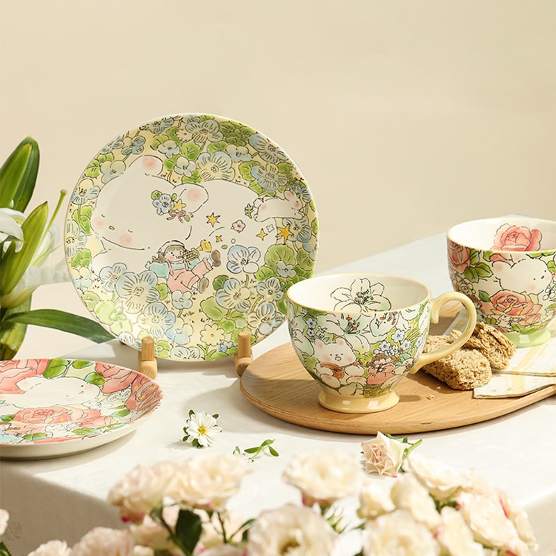 蓝莲花家居羡鸟文社手绘釉下彩早餐杯盘套装高颜值杯子马克杯大号