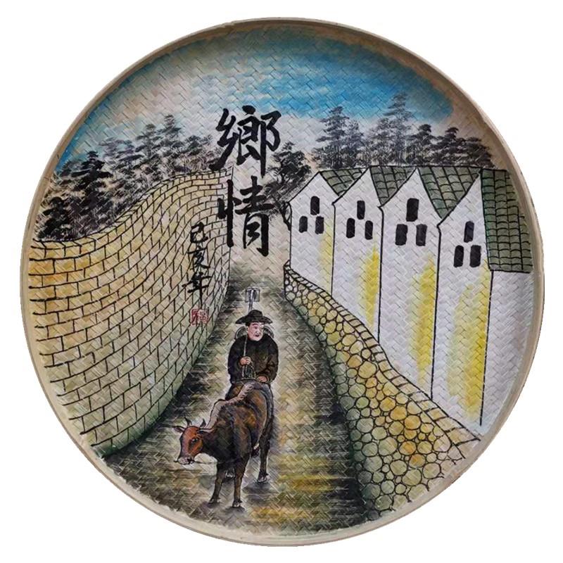 手绘簸箕画复古怀旧美丽乡村文化墙素材农家乐装饰品竹编田园壁画