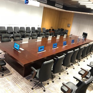 大型实木油漆智能升降会议桌长桌无纸化会议系统显示器办公条桌