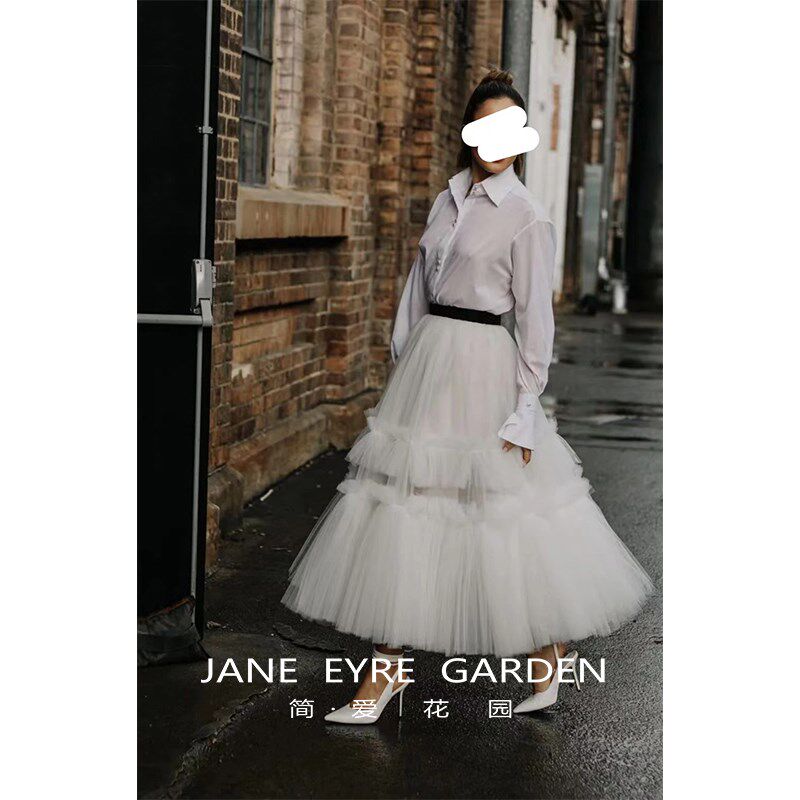 简爱花园新款高腰A字长款蓬蓬半身裙白色荷叶边多层网纱裙JA226