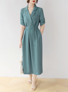 法式高端精致蓝色OL西装连衣裙女夏设计感气质收腰显瘦职业裙长裙