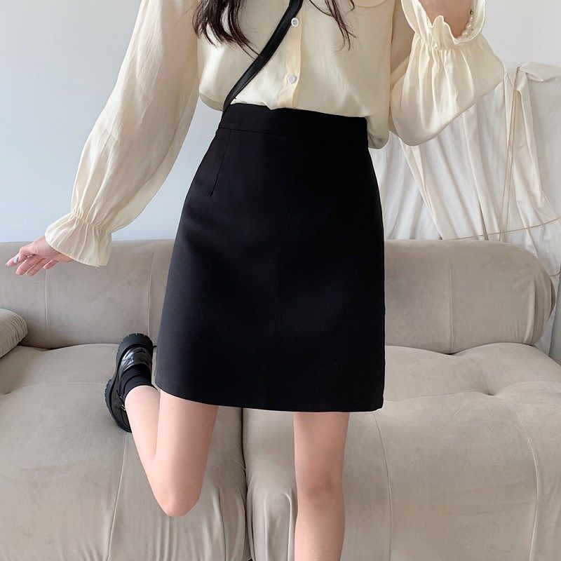 西装短裙半身裙女大码a字裙黑色简约小个子中裙职业包臀裙胖mm裙