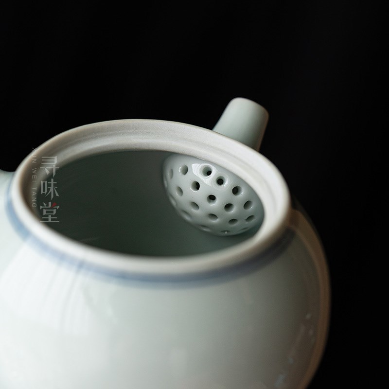 青灰釉手绘弦纹侧把壶复古陶泥素雅小容量茶壶双线陶瓷功夫茶具