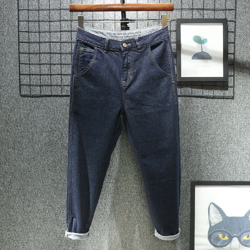 香港夏季薄款 宽松哈伦九分牛仔裤男锥形小脚直筒2024深蓝色裤子