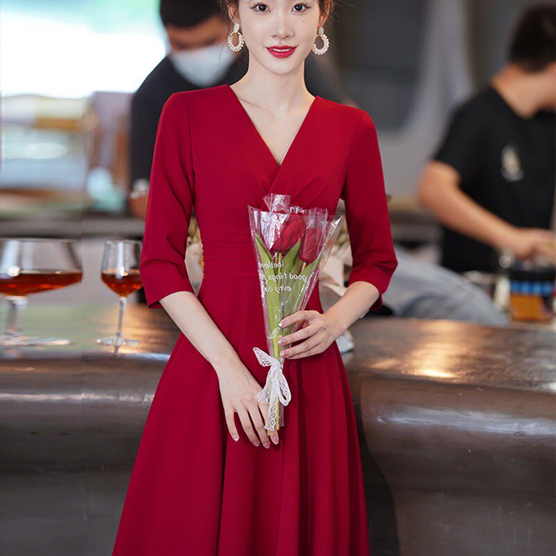 敬酒服新娘夏季小个子酒红色结婚订婚连衣裙平时可穿回门宴礼服女