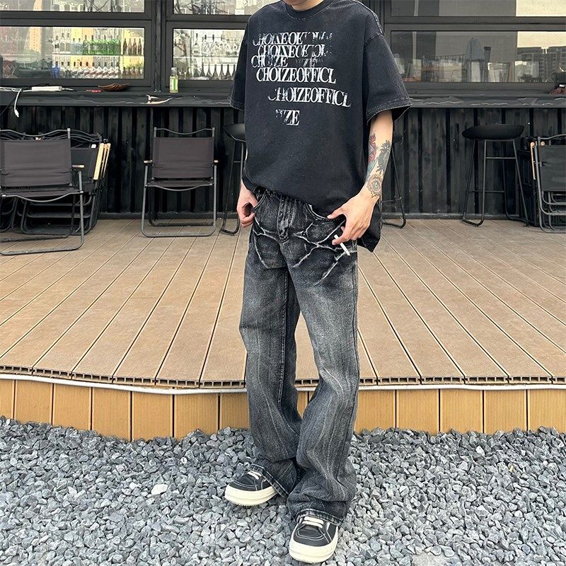 HY711 闪电裂纹做旧洗水显瘦中腰百搭宽松直筒微喇黑色牛仔裤男