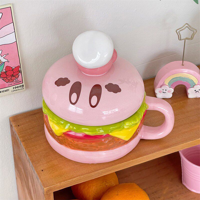 星之卡比马克杯带盖勺子可爱陶瓷办公室家用早餐水杯女生卡通创意