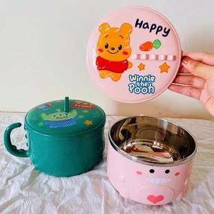 900ml卡通304不锈钢恐龙碗儿童学生防烫保温带把手宿舍泡面碗圆形