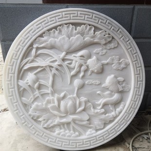 石雕汉白玉浮雕壁画晚霞红青石庭院影壁墙玄关花开富贵地雕福字