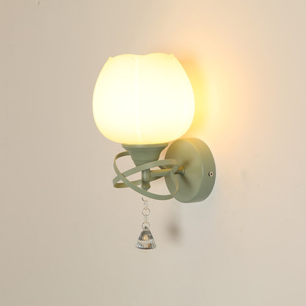 led卧室床头壁灯客厅背景墙灯绿色花朵法式奶油风走廊过道楼梯灯