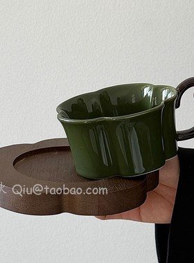 Snq中古风胡桃木梅花型咖啡杯碟装复古绿下午茶水杯拿铁拉花杯