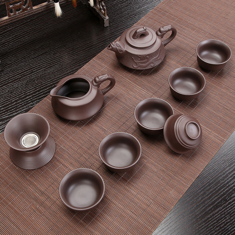 宜兴紫砂功夫茶具套装 陶瓷泡茶壶整套家用办公浮雕盖碗茶海杯子