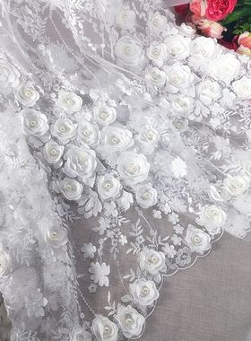 欧式华丽钉珠立体缎面花朵蕾丝面料亮片布料绣花布料婚纱礼服布料
