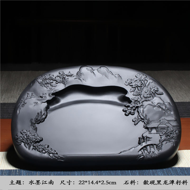 非遗匠心歙砚精品手工山水原石砚台自然异形老坑龙尾籽料砚石收藏