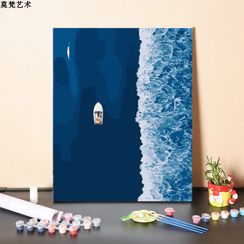 数字油画diy手工填充蓝色梦幻海洋游艇风景画手绘涂色丙烯油彩画