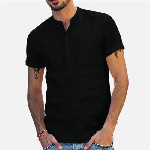 2023 New Mens Standing Collar Cotton Linen Short Sleeved Sh