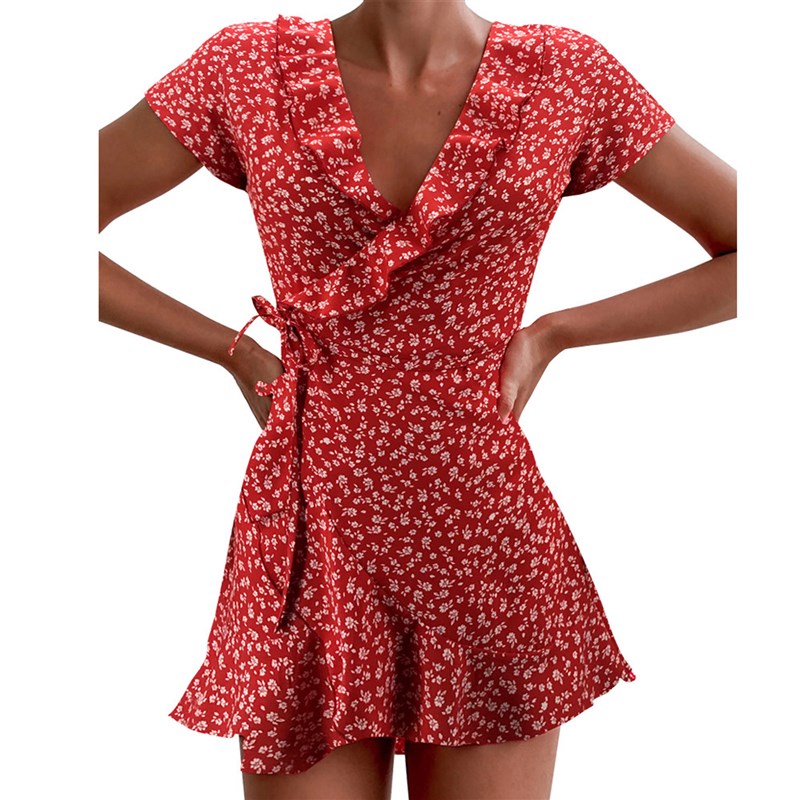 Womens Short Sleeve Dress Wrap Summer Elegant Floral图片